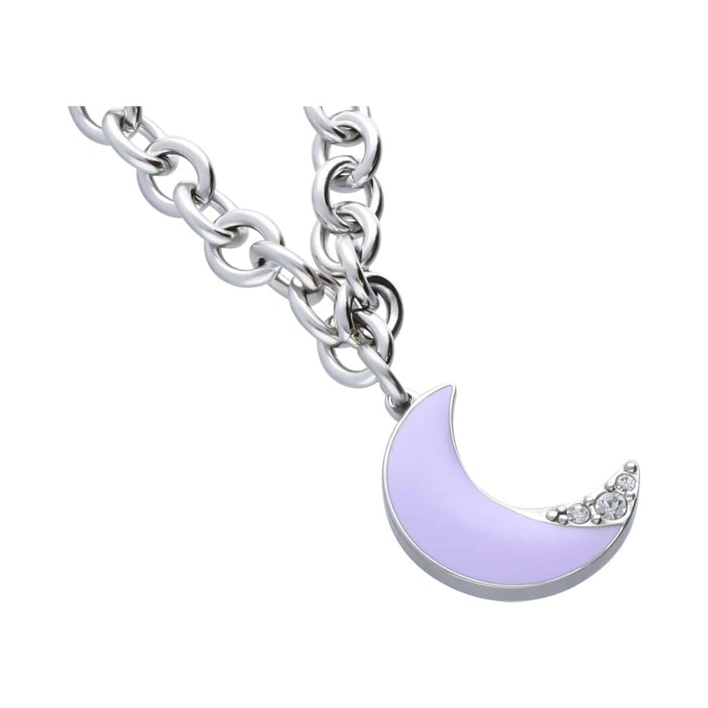 Bracciale con pendente luna lilla in acciaio e strass