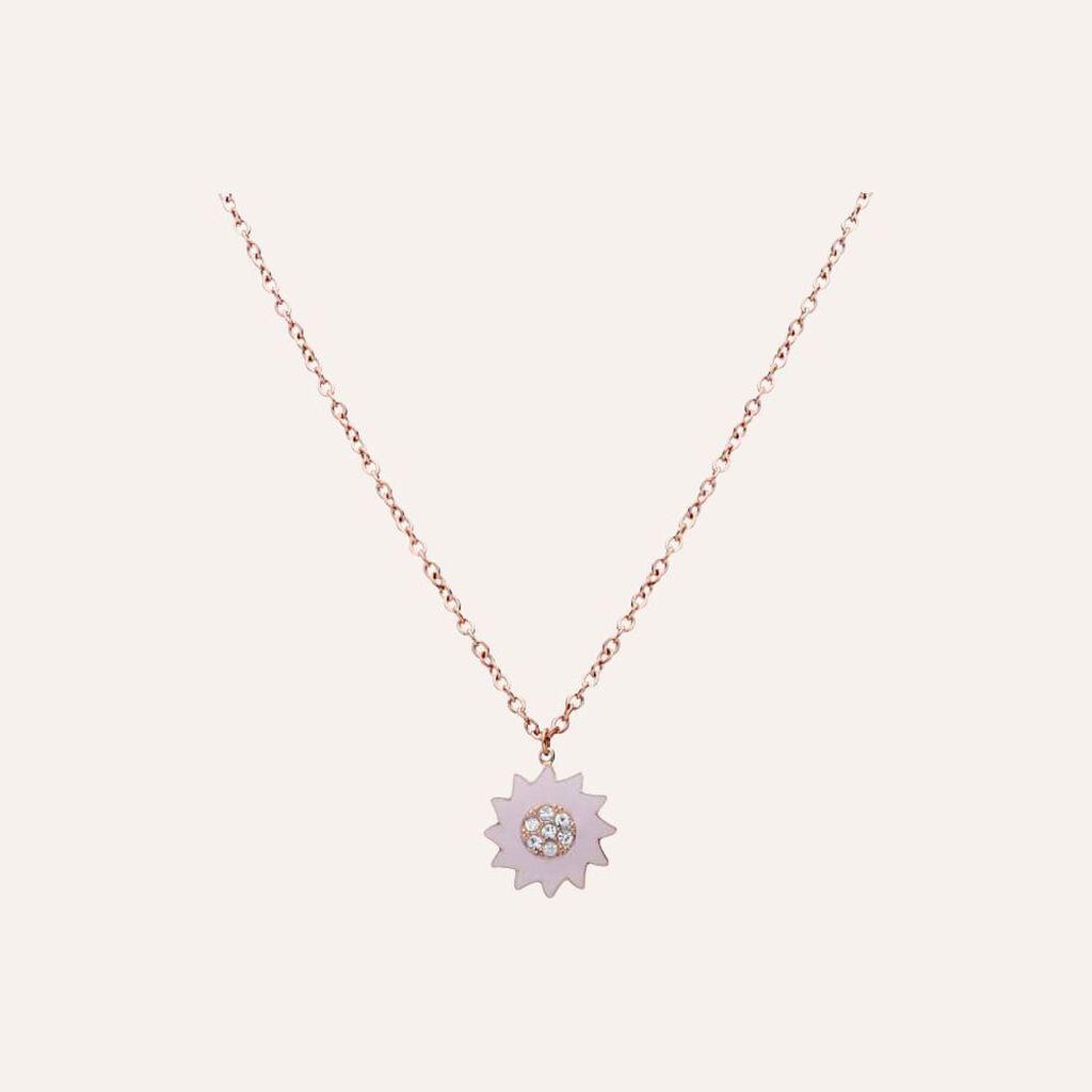 Girocollo con charm fiore rosa in acciaio rosato e strass