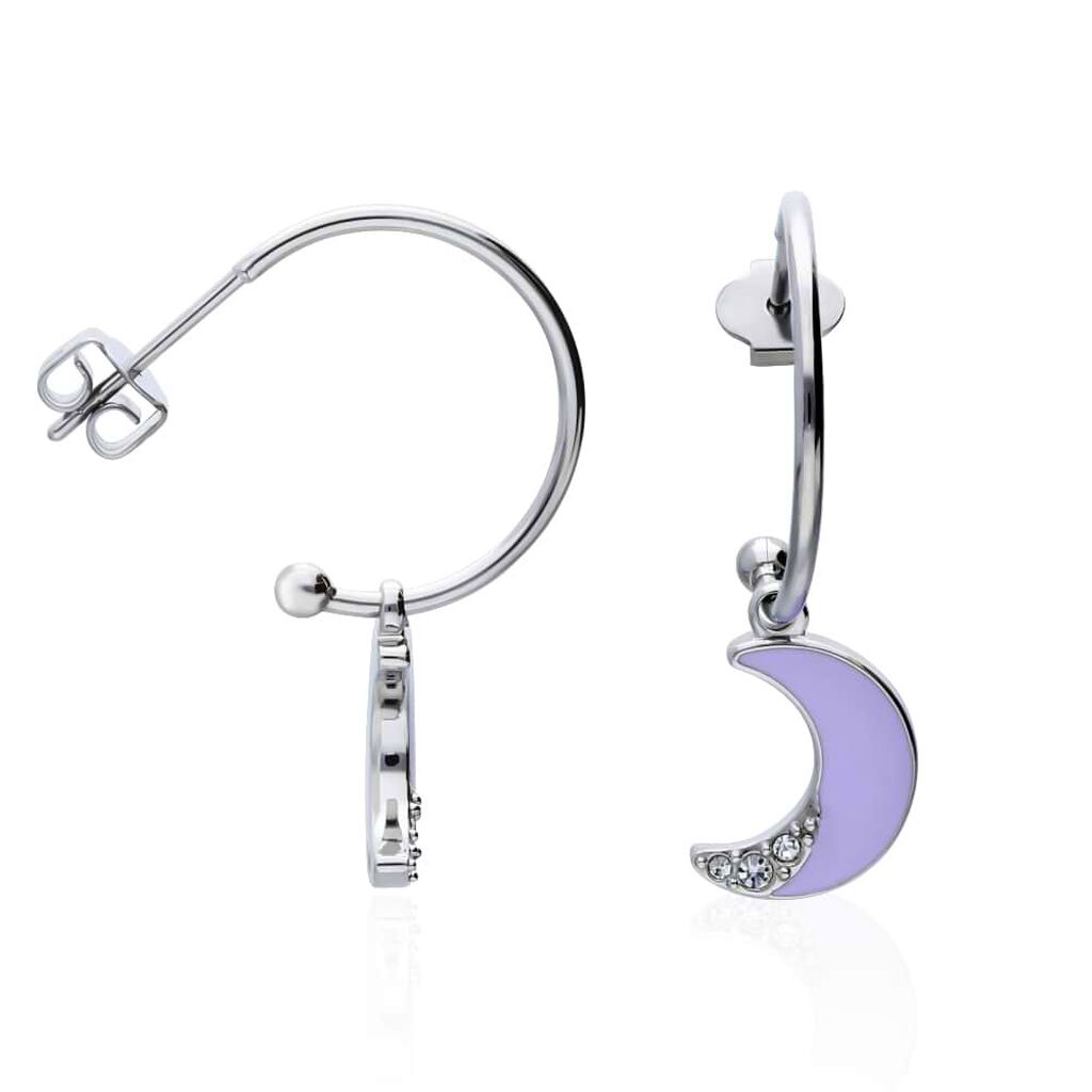 Orecchini a cerchio con luna lilla pendente in acciaio e strass