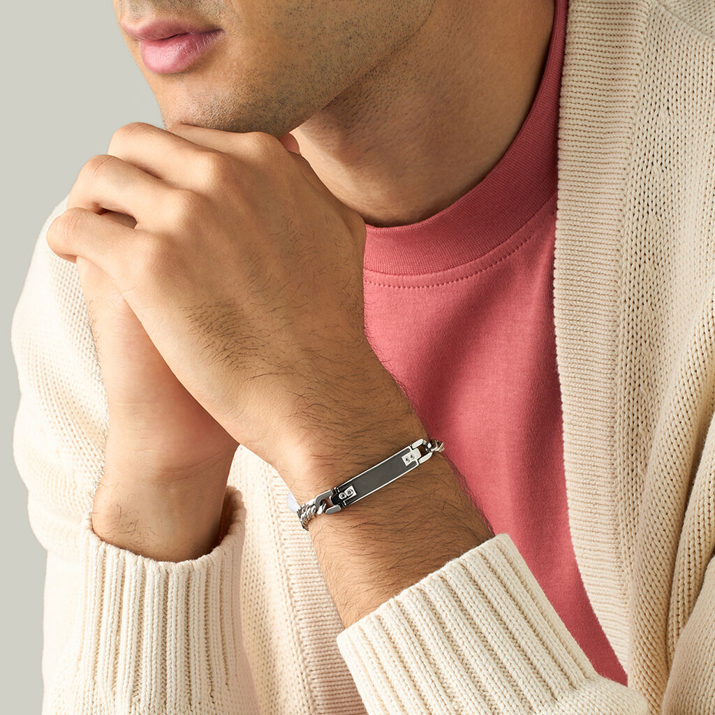 Bracciale Con Targhetta Man Code Acciaio Bicolore Bianco / Nero Cubic Zirconia - Bracciali con Incisione Uomo | Stroili