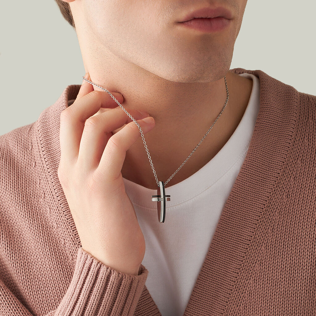 Collana Man Code Acciaio Bicolore Bianco / Nero Cristallo