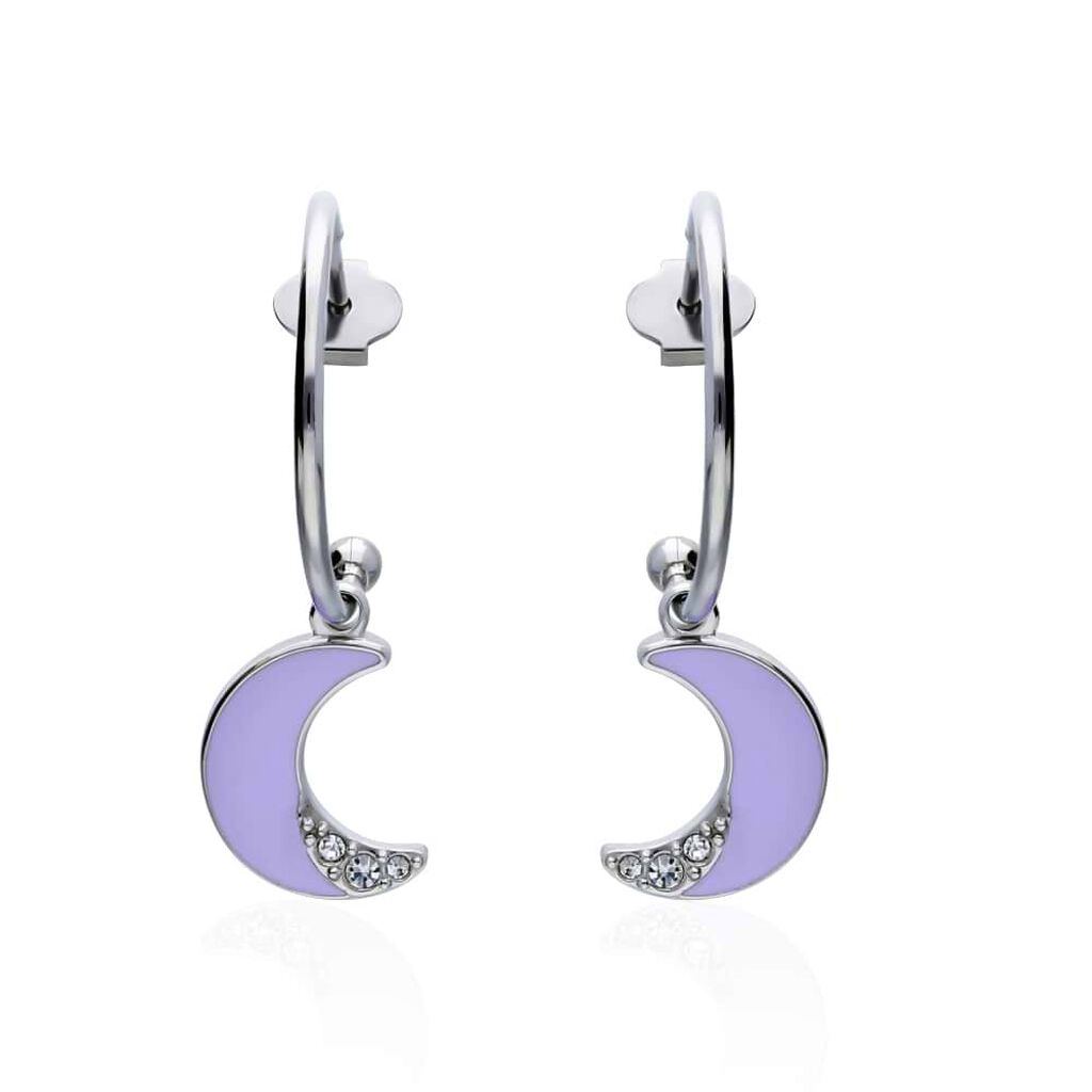 Orecchini a cerchio con luna lilla pendente in acciaio e strass