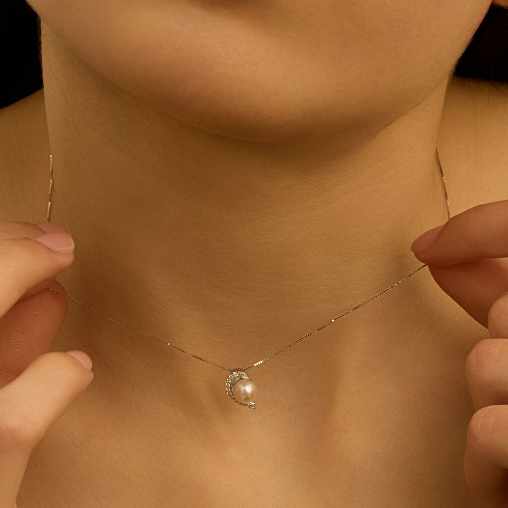 Collana Gabrielle Oro Bianco Perla D'Acqua Dolce Cubic Zirconia