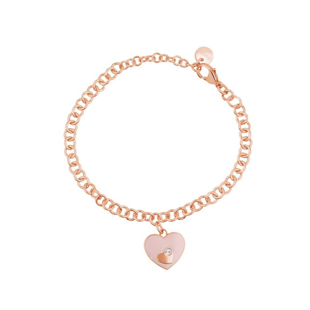 Bracciale con catena in acciaio rosato e strass e charm a forma di cuore - Bracciali Donna | Stroili