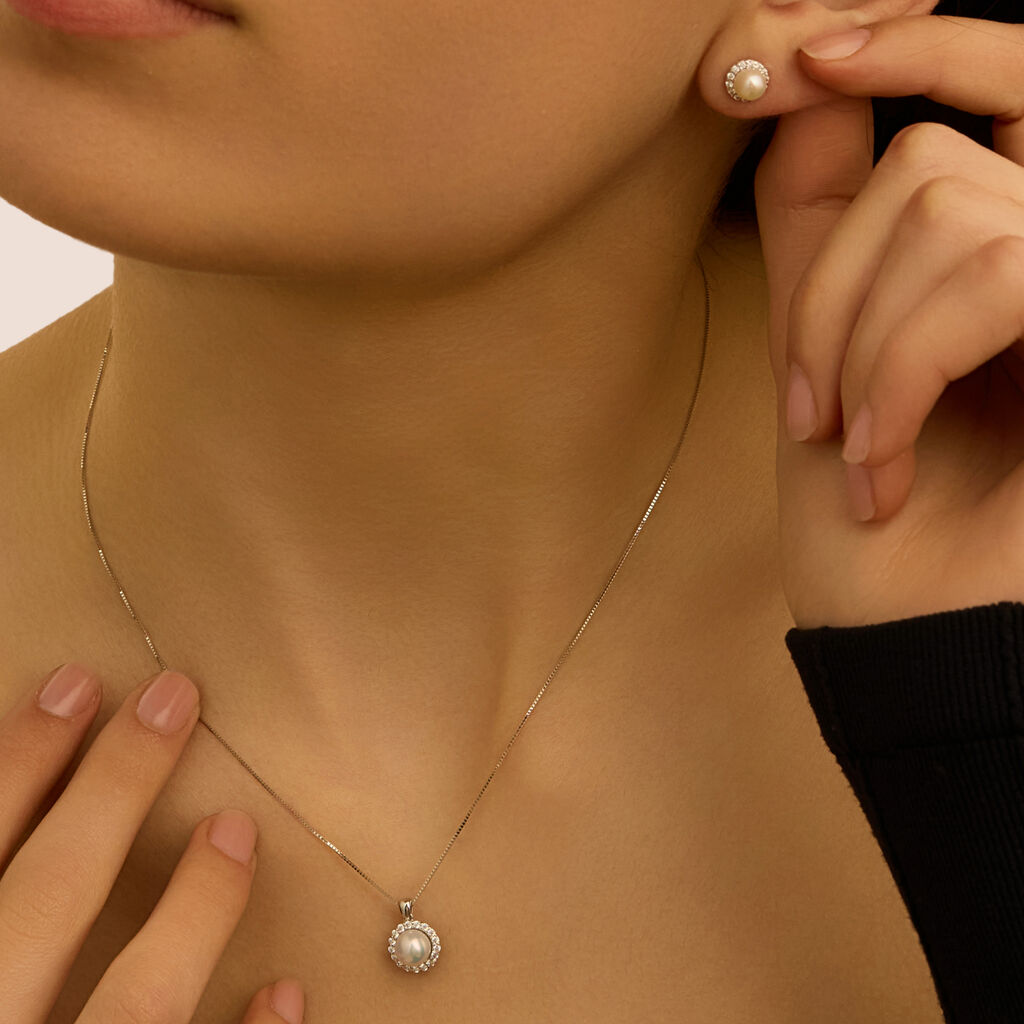 Collana Gabrielle Oro Bianco Perla D'Acqua Dolce Cubic Zirconia