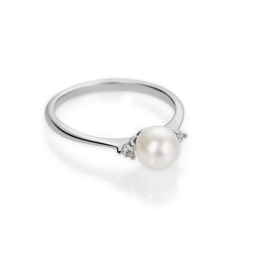 Anello Solitario Gabrielle Oro Bianco Perla D'Acqua Dolce Cubic Zirconia - Anelli con Pietre Donna | Stroili