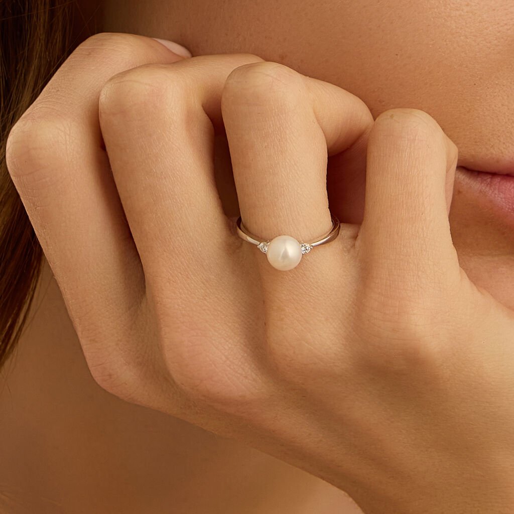Anello Solitario Gold Pearls Oro Bianco Perla D'Acqua Dolce Diamante