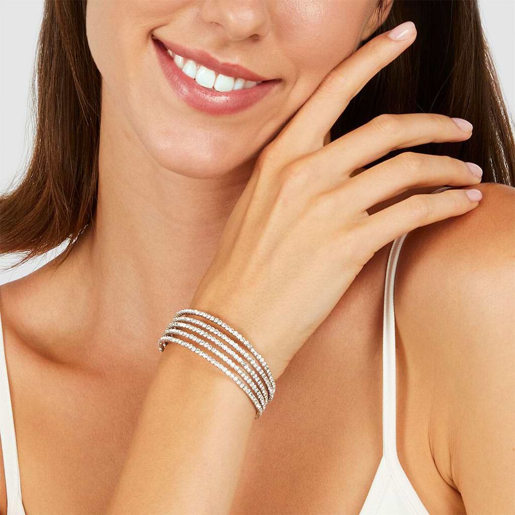 Bracciale rigido multifilo in metallo rodiato con strass - Bracciali Donna | Stroili