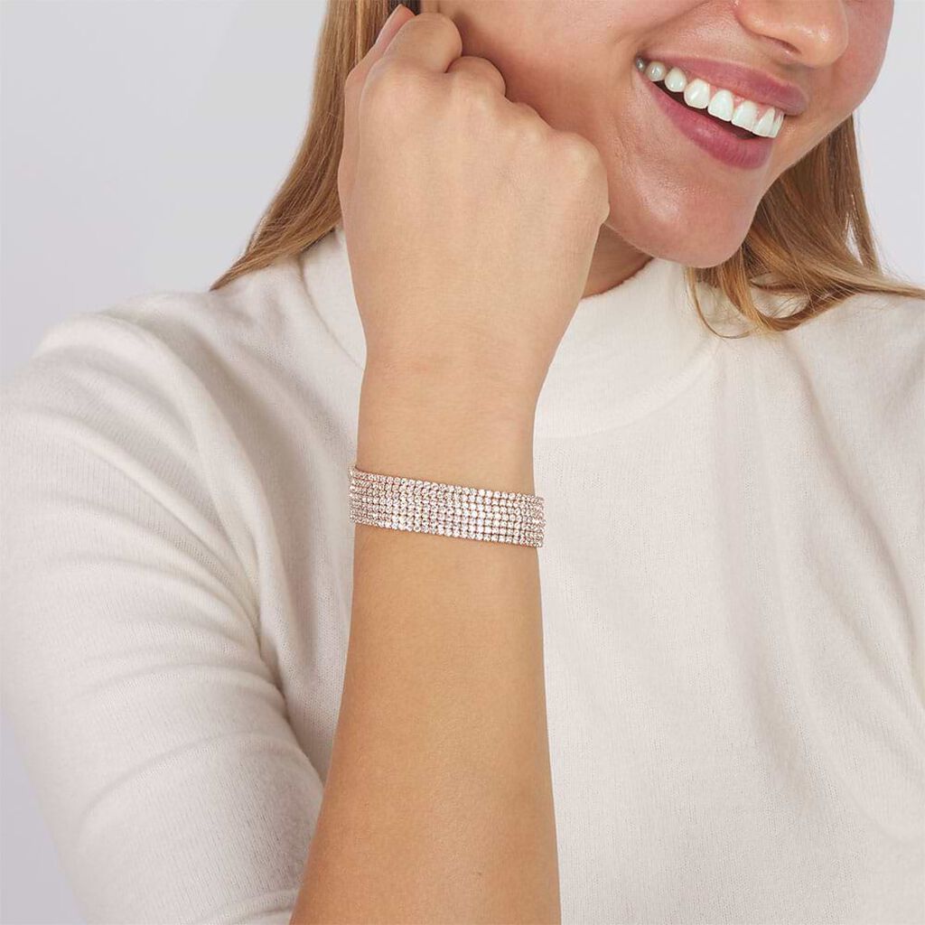 Bracciale multifilo largo in metallo rosato con strass - Bracciali Donna | Stroili