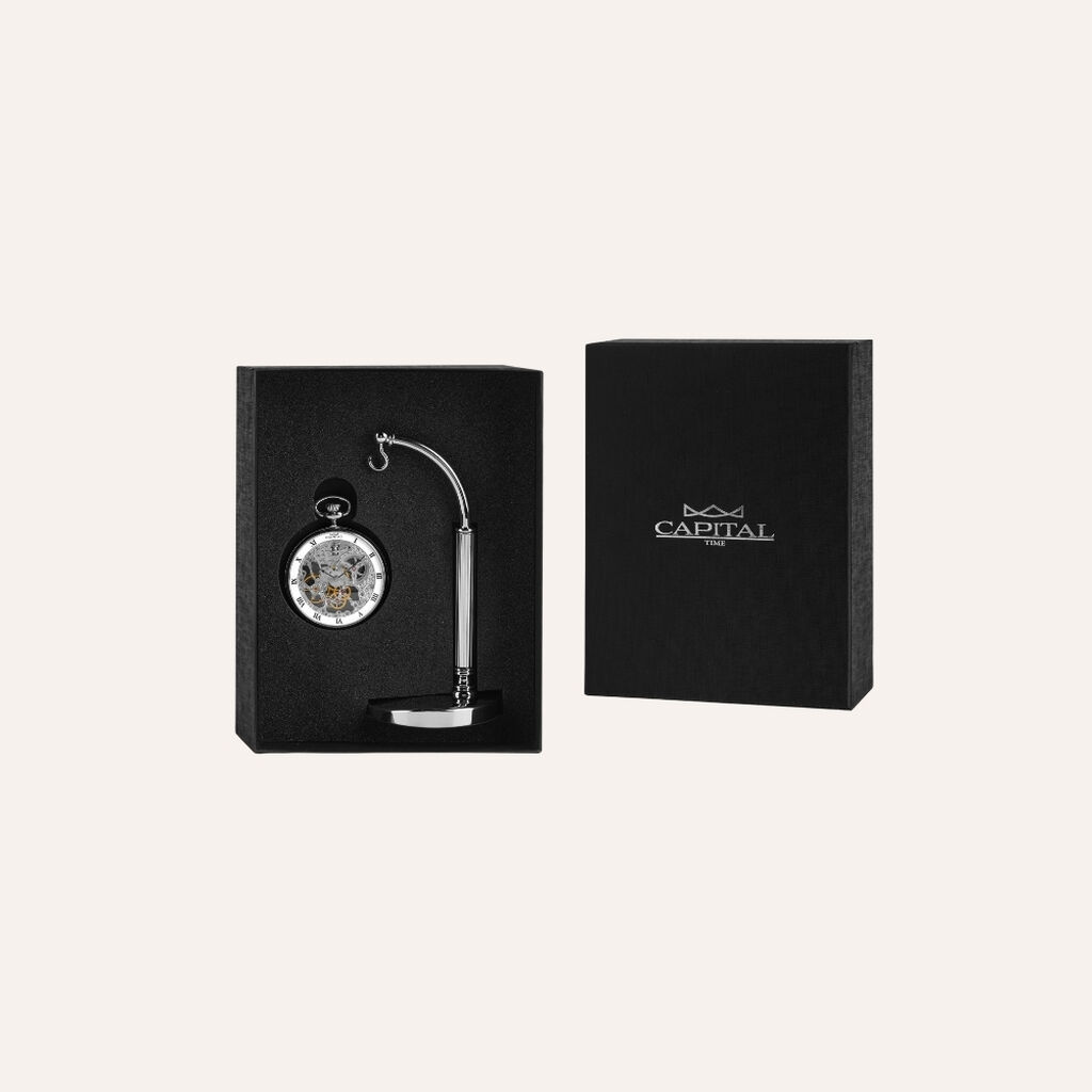 Set Orologio Meccanico da Tasca Capital in Acciaio e Stand in Metallo