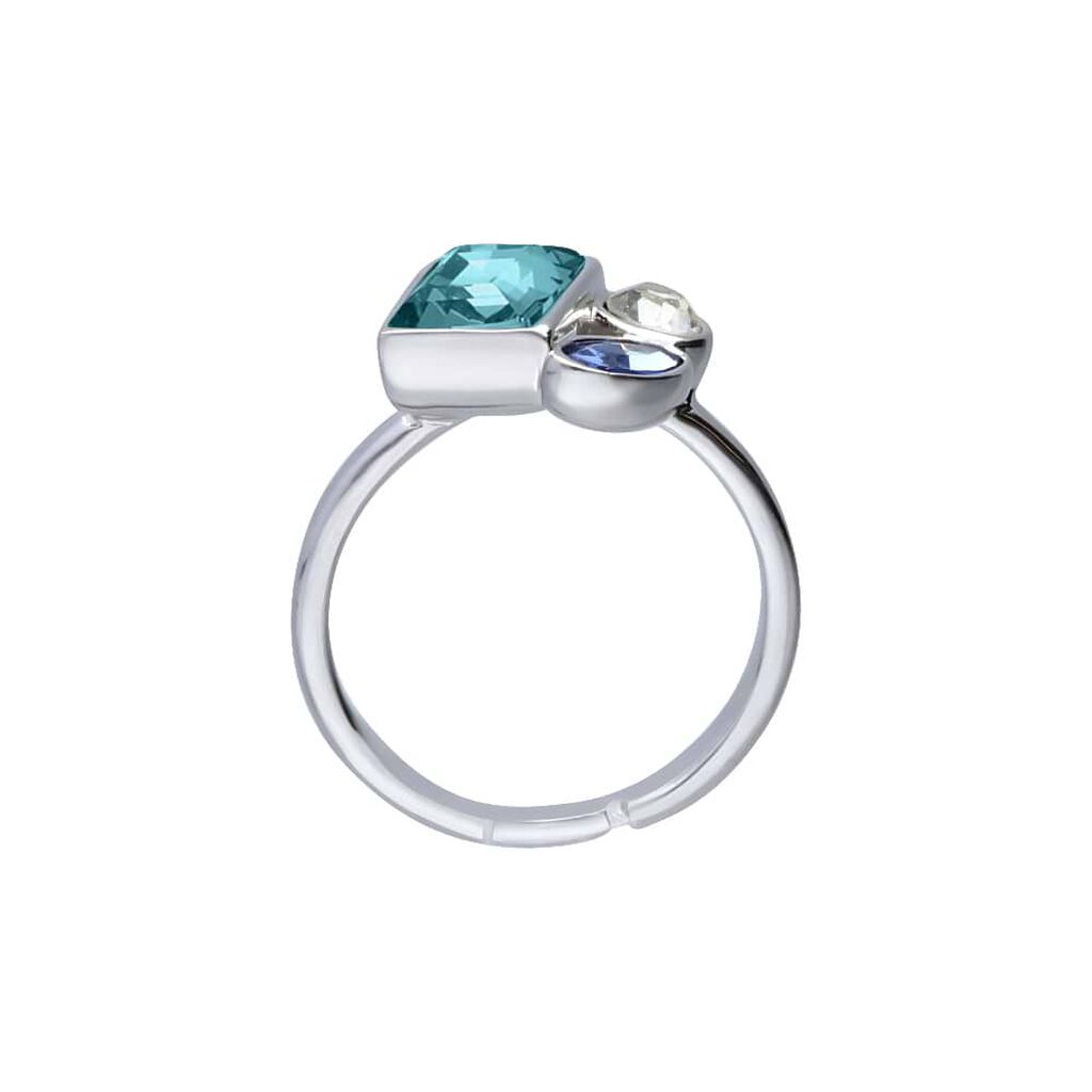 Anello con pietre sui toni dell'azzurro in metallo rodiato