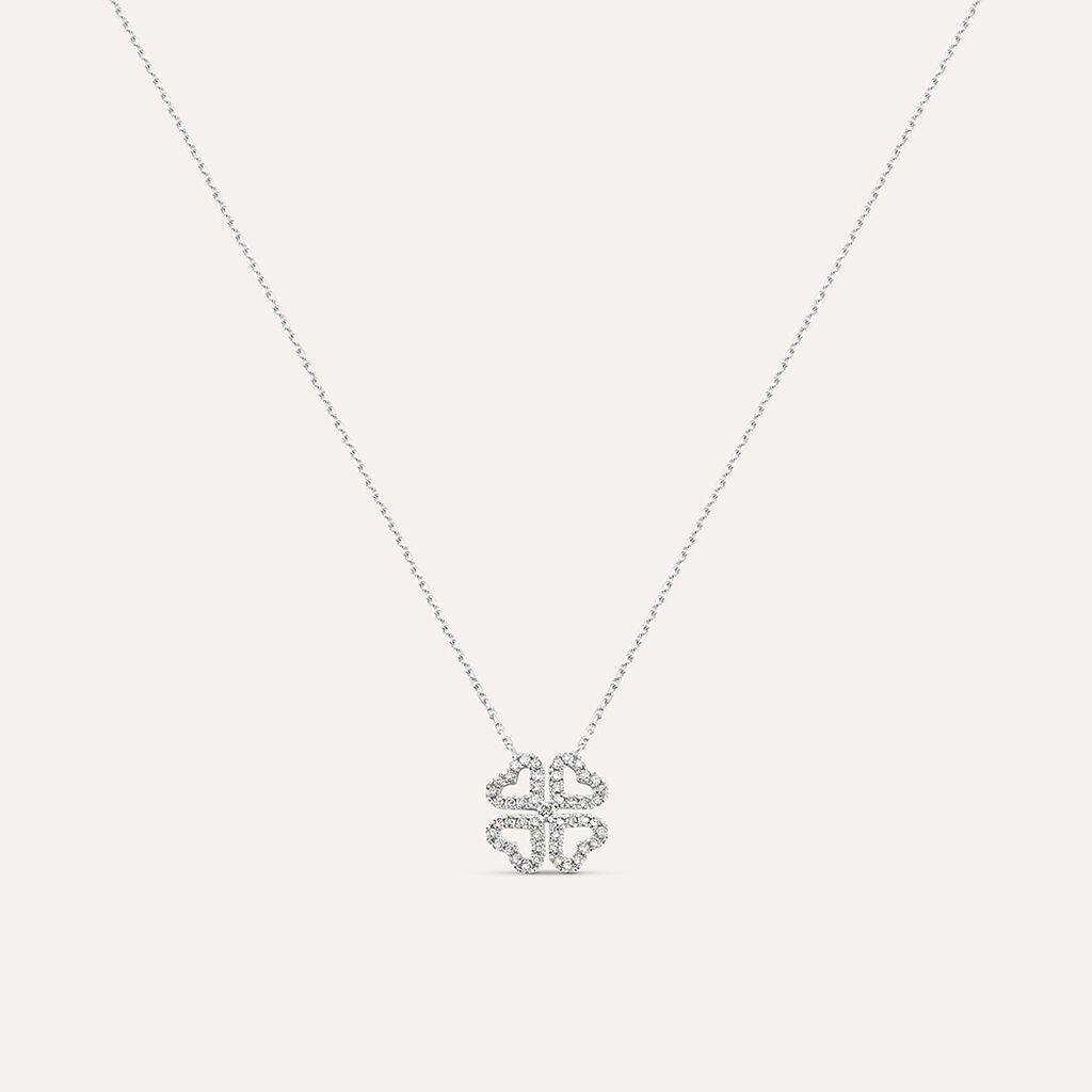 Collana in oro bianco e diamanti 0.14 ct con ciondolo Quadrifoglio