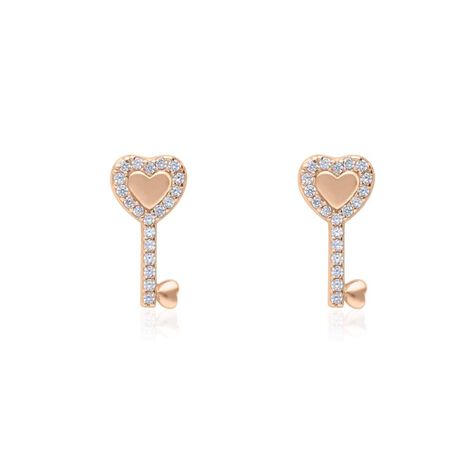 Orecchini a lobo in argento rosato forma chiave cuore con zirconi - Orecchini a Lobo Donna | Stroili
