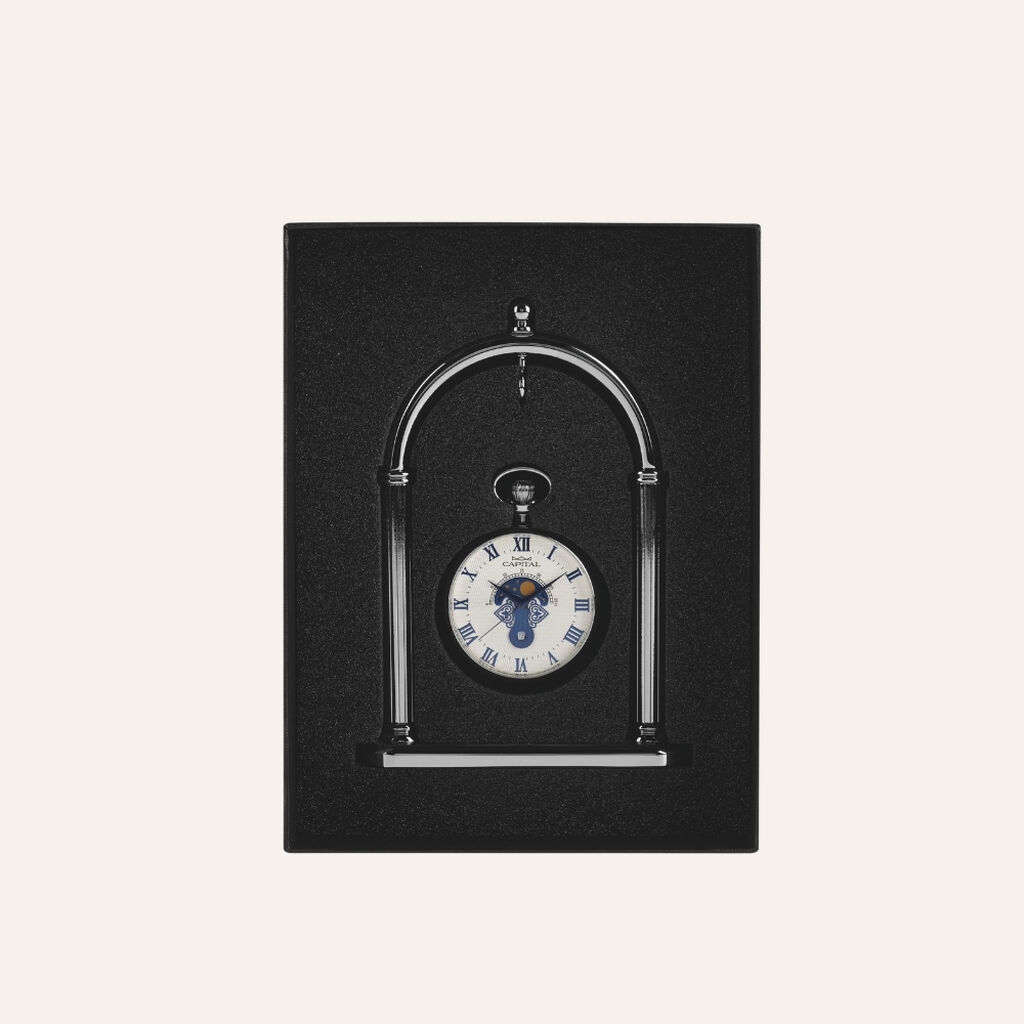 Set Orologio da Tasca Capital con Fasi Lunari in Acciaio e Stand in Metallo