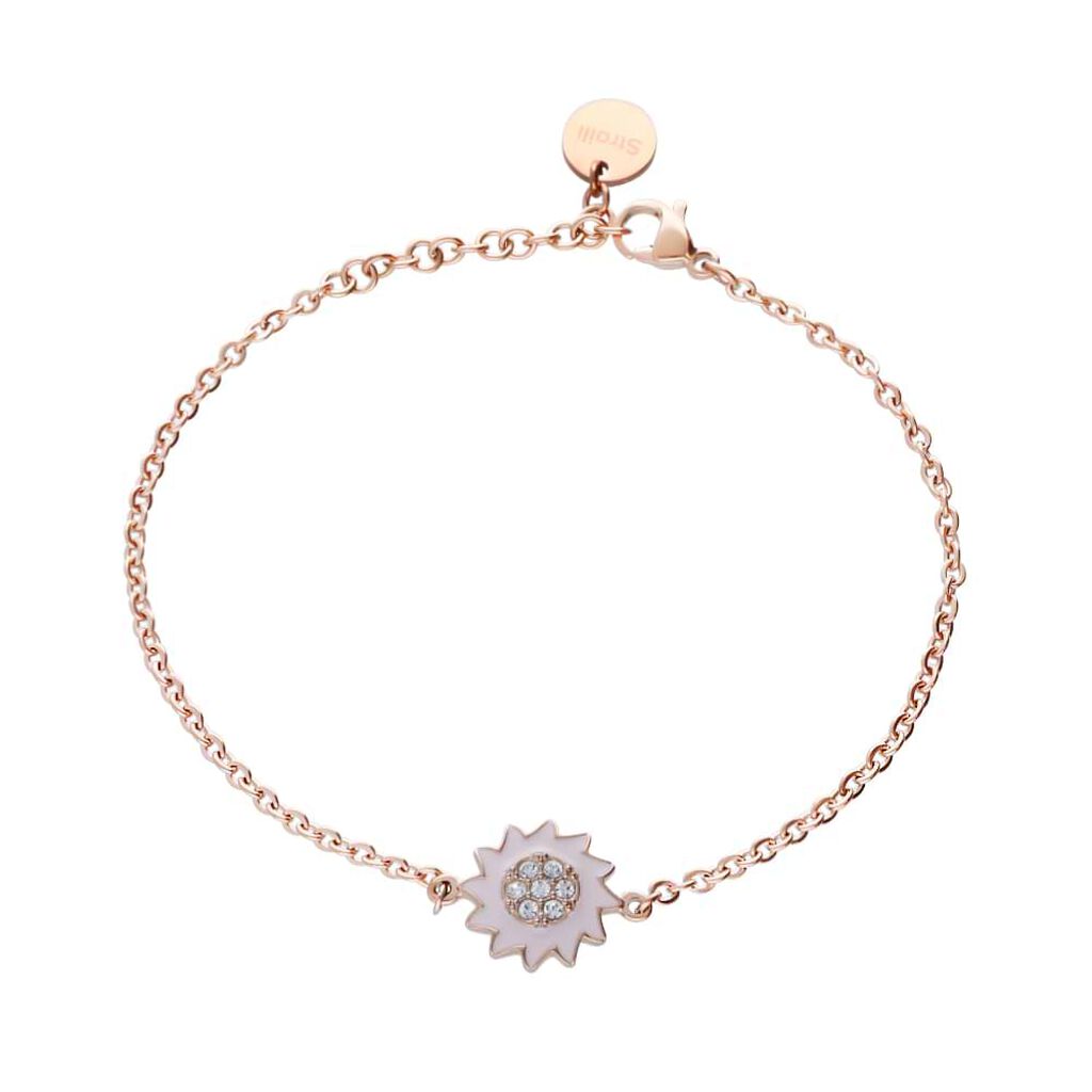 Bracciale in acciaio rosato con fiore rosa e strass