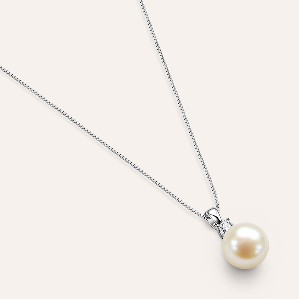 Collana Gabrielle Oro Bianco Perla D'Acqua Dolce Cubic Zirconia