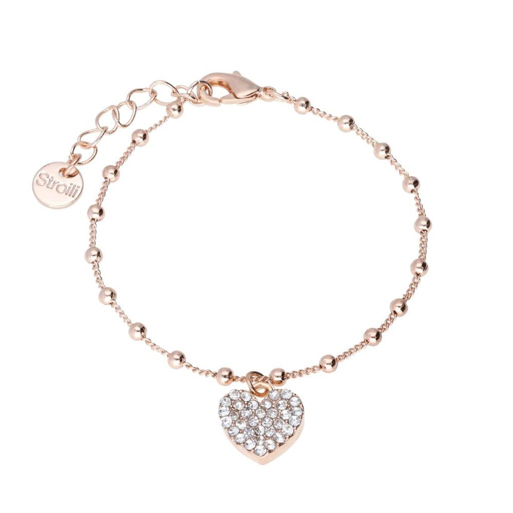 Bracciale a palline in ottone rosato con cuore e strass