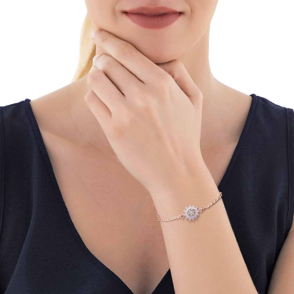 Bracciale in acciaio rosato con fiore rosa e strass