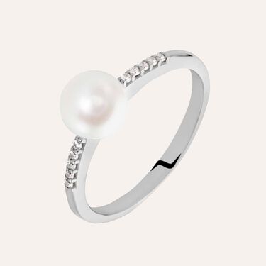 Anello Solitario Gabrielle Oro Bianco Perla D'Acqua Dolce Cubic Zirconia