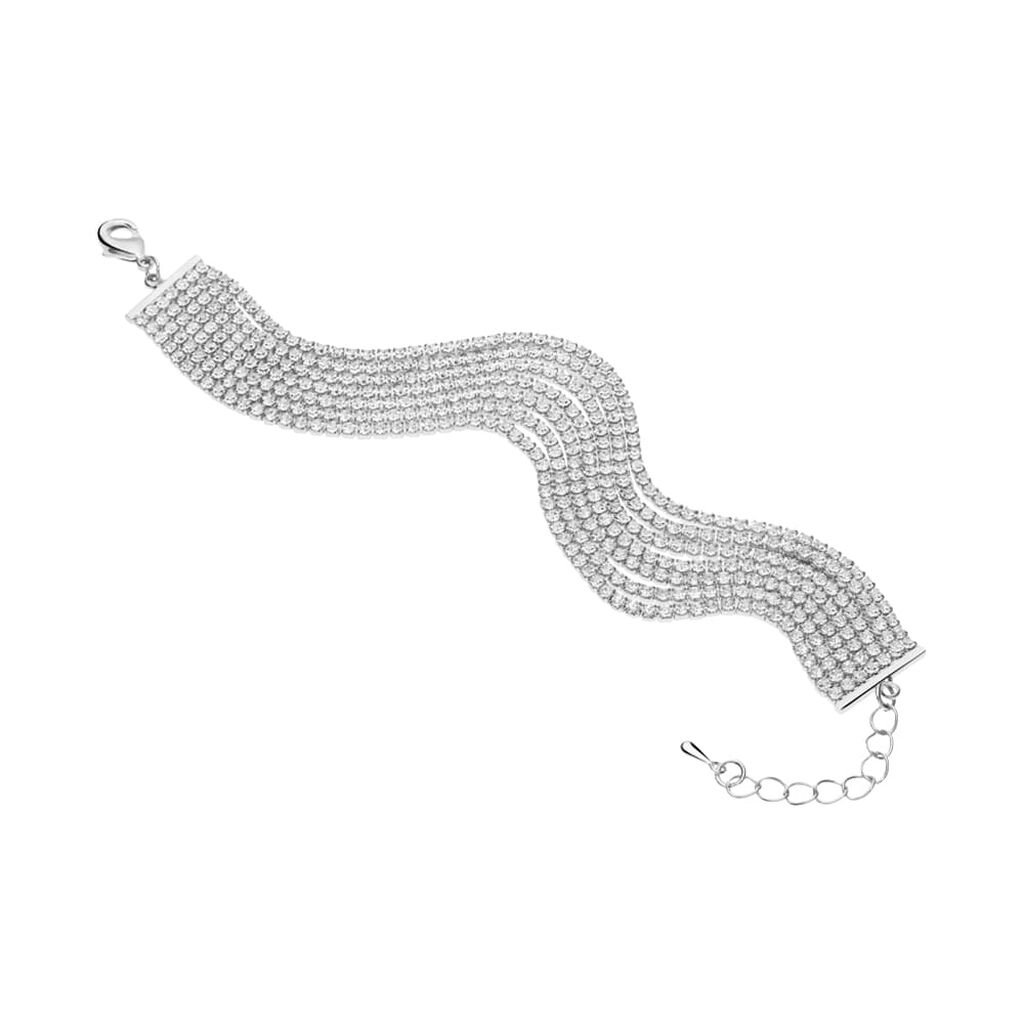 Bracciale multifilo largo in metallo rodiato con strass - Bracciali Donna | Stroili