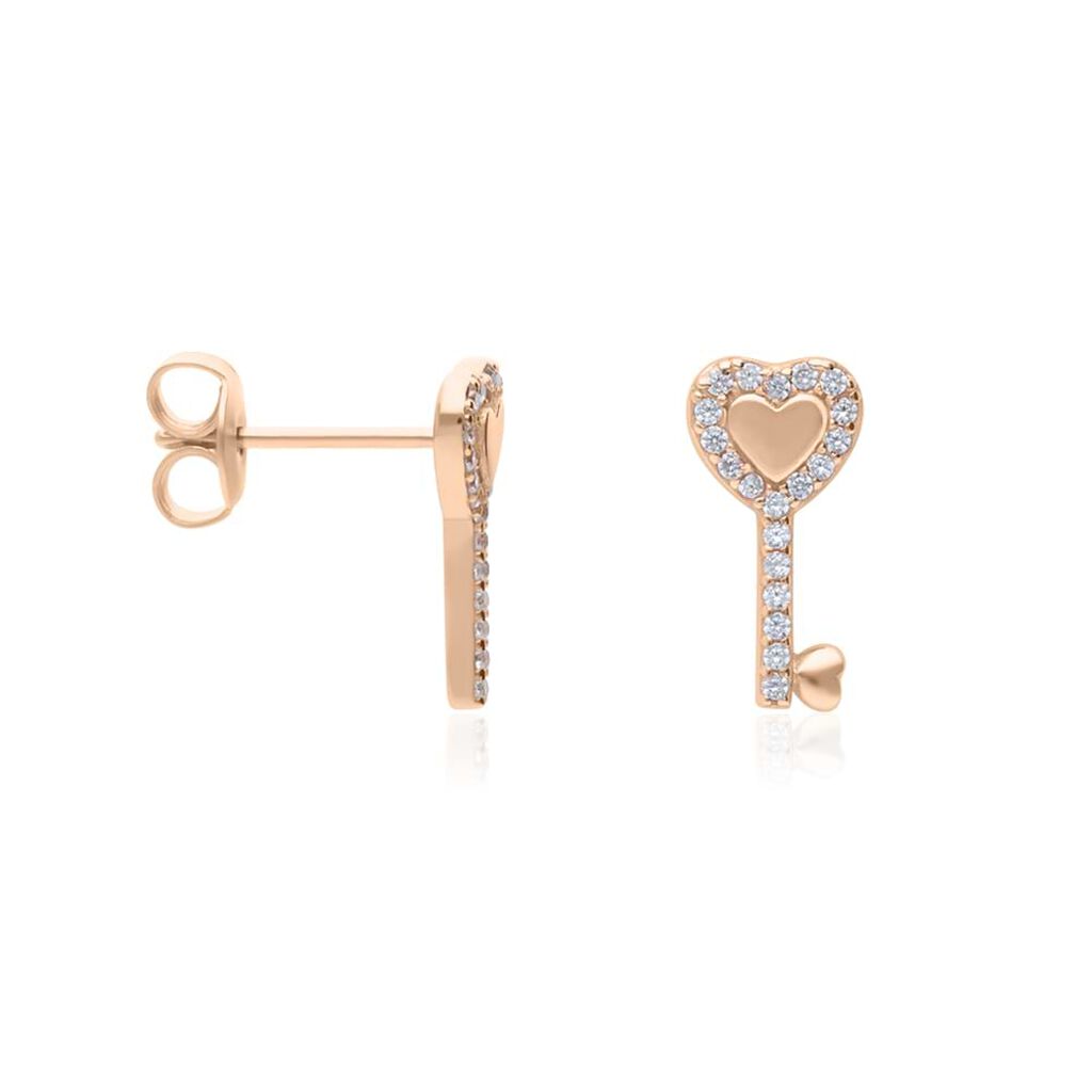 Orecchini a lobo in argento rosato forma chiave cuore con zirconi - Orecchini a Lobo Donna | Stroili