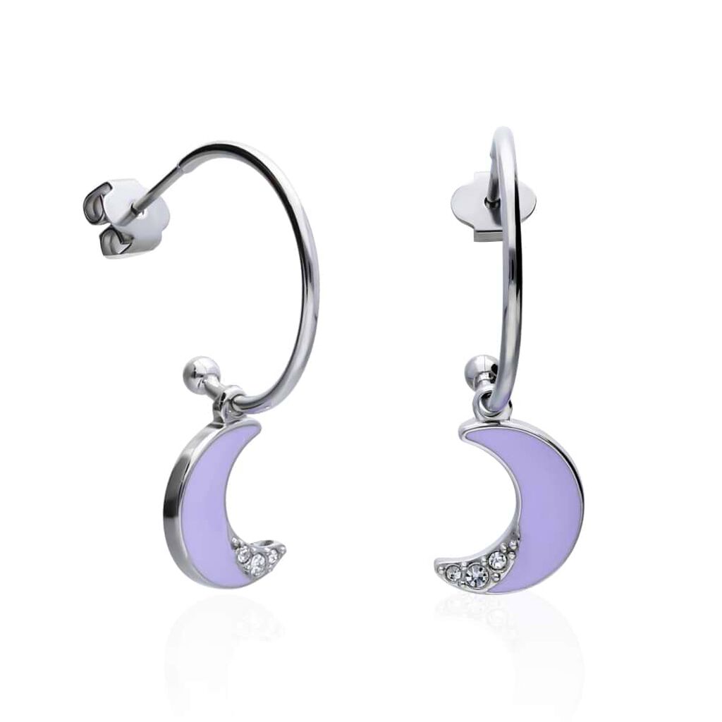 Orecchini a cerchio con luna lilla pendente in acciaio e strass
