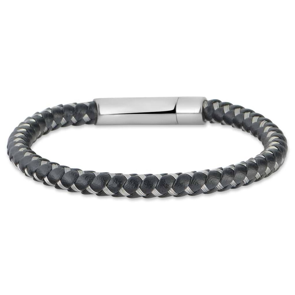Bracciale in pelle nera e acciaio