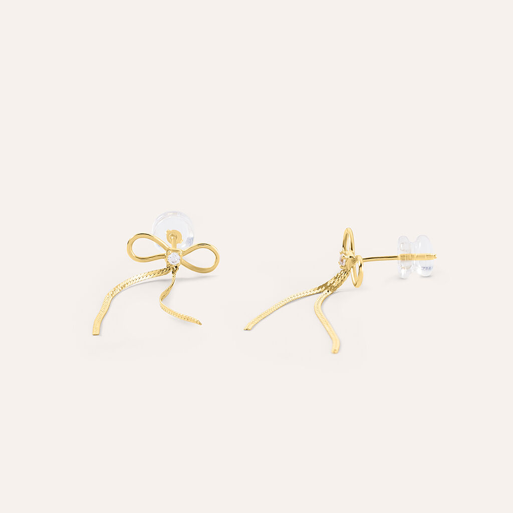 Orecchini A Perno In Oro Giallo 9K Con Cristallo CZ E Fiocco - Andralok, Confezione Regalo