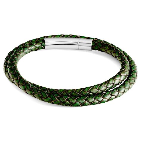 Bracciale in acciaio e pelle verde - Bracciali Uomo | Stroili