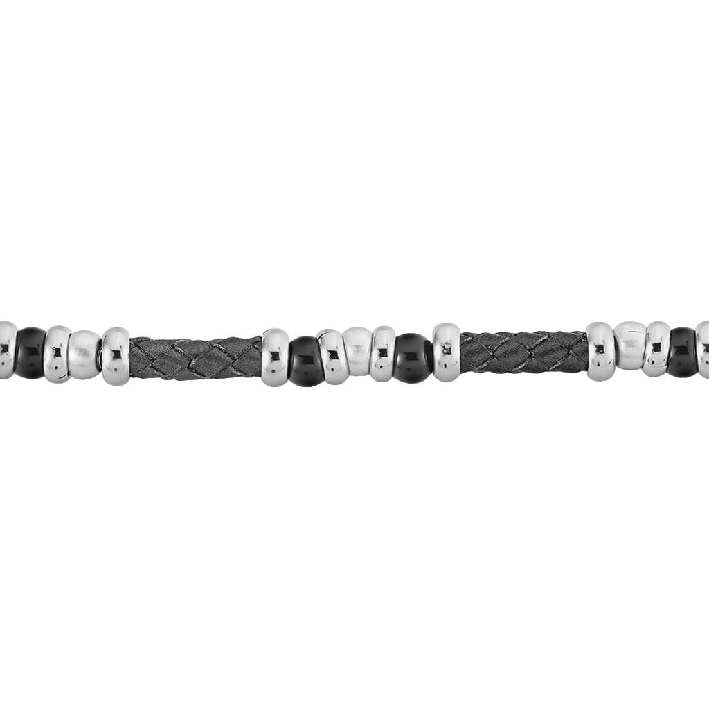 Bracciale in acciaio. pelle grigia e pietre nere - Bracciali Uomo | Stroili