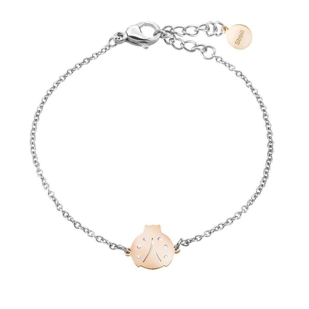 Bracciale coccinella in acciaio rosato e cristalli