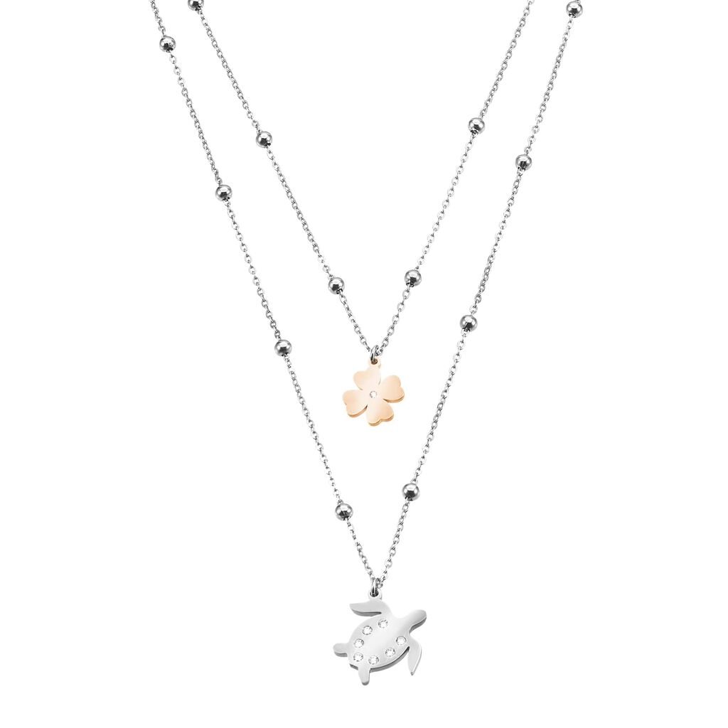 Girocollo doppio tartaruga e quadrifoglio in acciaio bicolore e cristalli