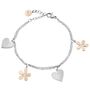 Bracciale cuori e fiori in acciaio bicolore e cristalli