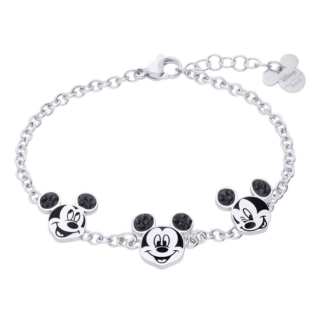 Bracciale in acciaio con 3 ciondoli Topolino e strass neri - Bracciali Donna | Stroili