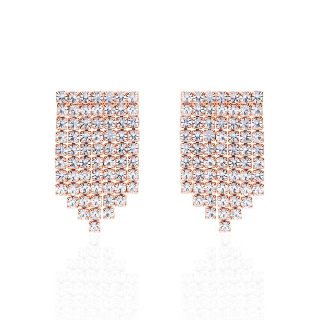 Orecchini pendenti multifilo in metallo rosato con strass