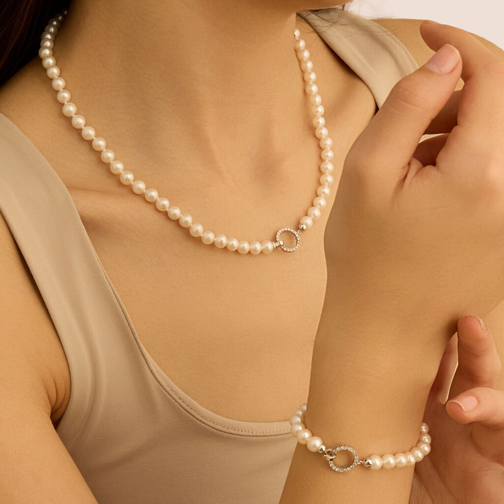 Collana Gabrielle Oro Bianco Perla D'Acqua Dolce Cubic Zirconia