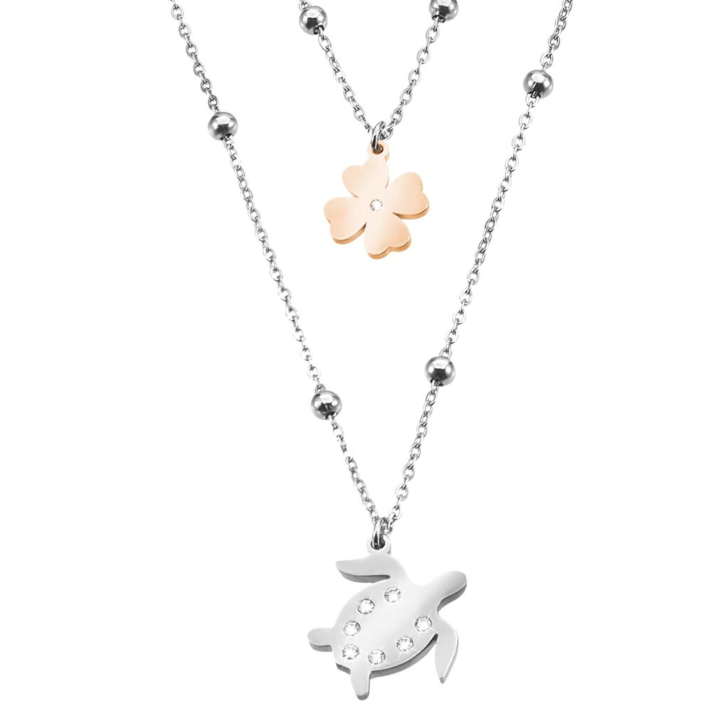 Girocollo doppio tartaruga e quadrifoglio in acciaio bicolore e cristalli