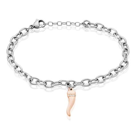 Bracciale in acciaio bicolore e strass con charm Cornino portafortuna - Bracciali Donna | Stroili