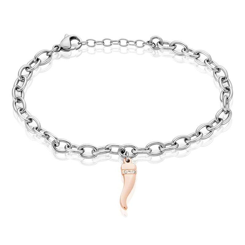 Bracciale in acciaio bicolore e strass con charm Cornino portafortuna - Bracciali Donna | Stroili