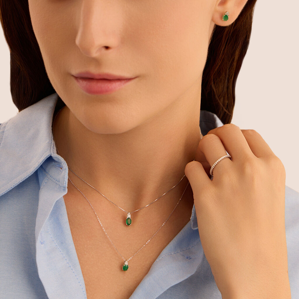 Collana Punto Luce Elizabeth Crown Oro Bianco Smeraldo Diamante