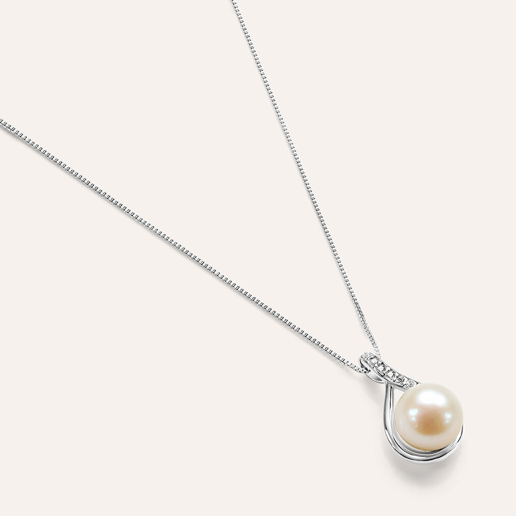 Collana Gabrielle Oro Bianco Perla D'Acqua Dolce Cubic Zirconia