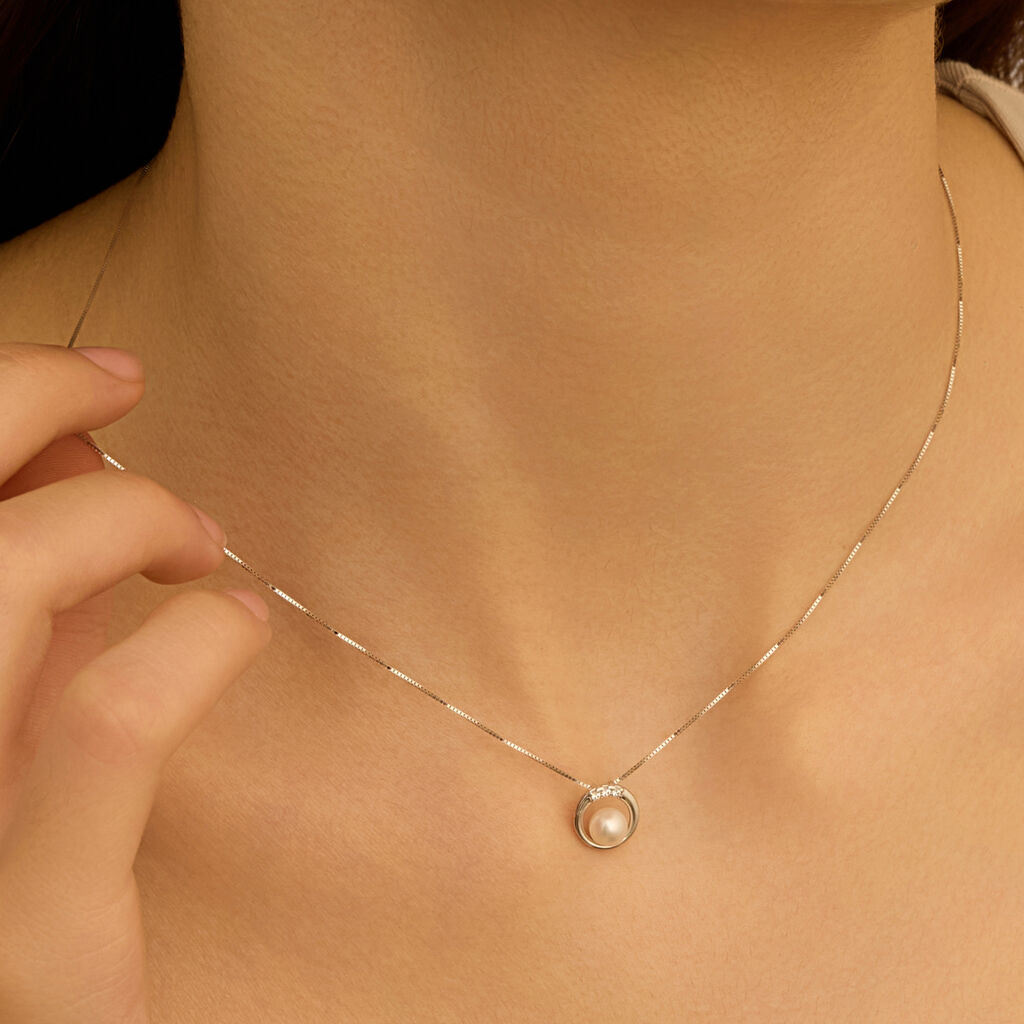 Collana Gabrielle Oro Bianco Perla D'Acqua Dolce Cubic Zirconia