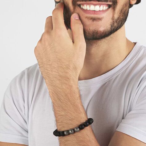 Bracciale elastico con pietre nere rotonde e acciaio - Bracciali Uomo | Stroili