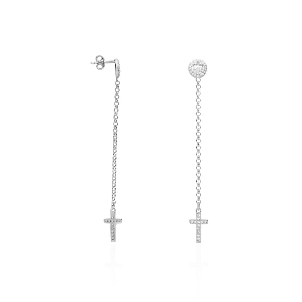 Orecchini croce in argento rodiato e zirconi - Orecchini Pendenti Donna | Stroili