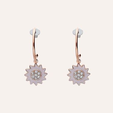 Orecchini a cerchio in acciaio rosa con fiore rosa pendente e strass