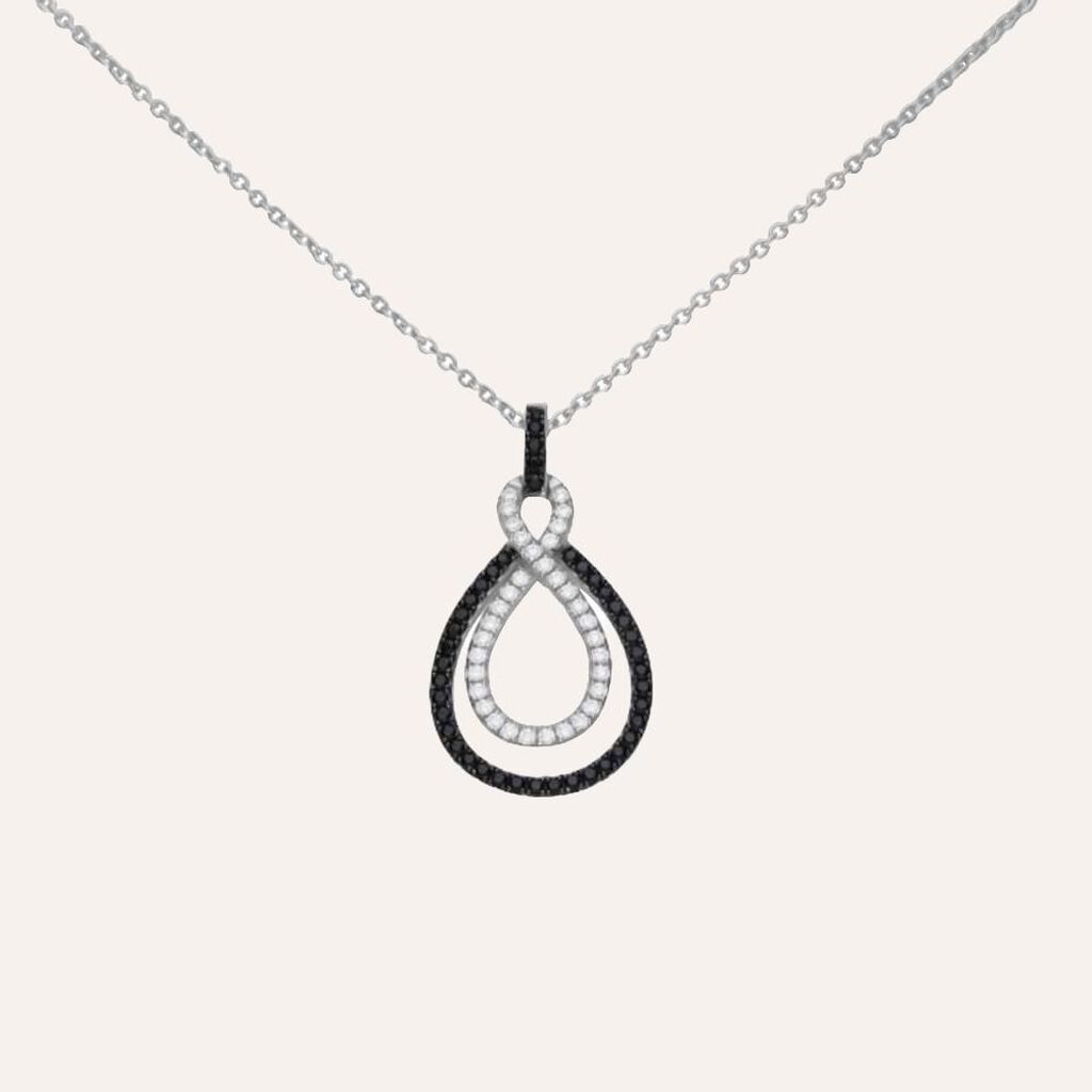 Collana con ciondolo a goccia in argento rodiato e zirconi bianchi e neri