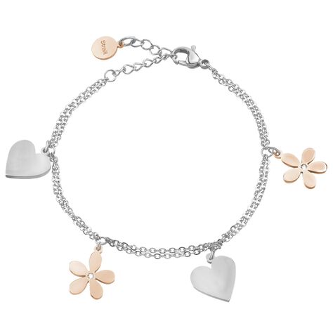 Bracciale cuori e fiori in acciaio bicolore e cristalli - Bracciali Donna | Stroili
