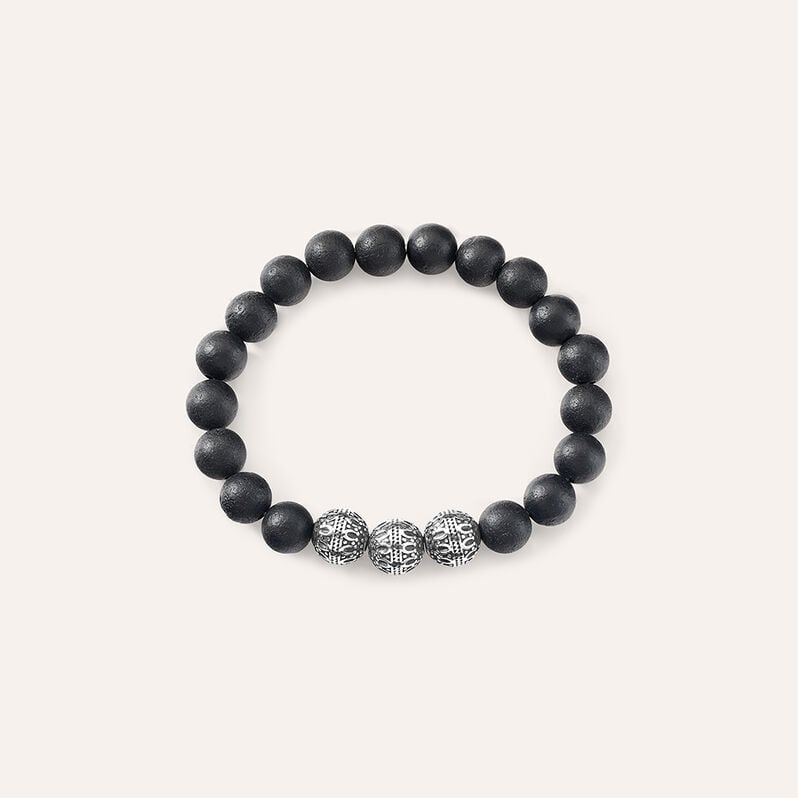 Bracciale elastico con pietre nere rotonde e acciaio - Bracciali Uomo | Stroili