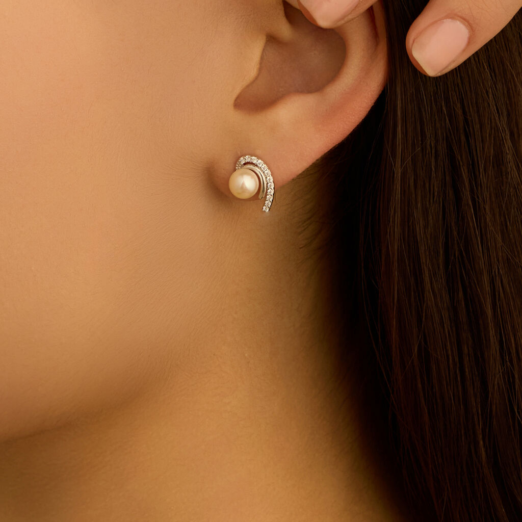 Orecchini Lobo Gabrielle Oro Bianco Perla D'Acqua Dolce Cubic Zirconia