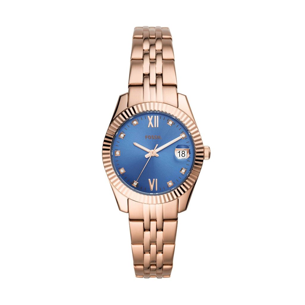 Orologio Fossil solo tempo con cinturino in acciaio rosato e quadrante blu